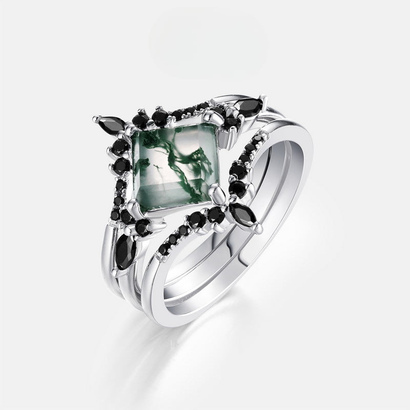 3 Pcs Geometric Natural Black And Green Moss Agate Ring Set