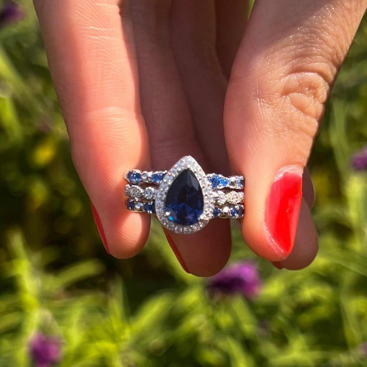 3 Pcs Blue Pear Cut Halo Bridal Set in Sterling Silver