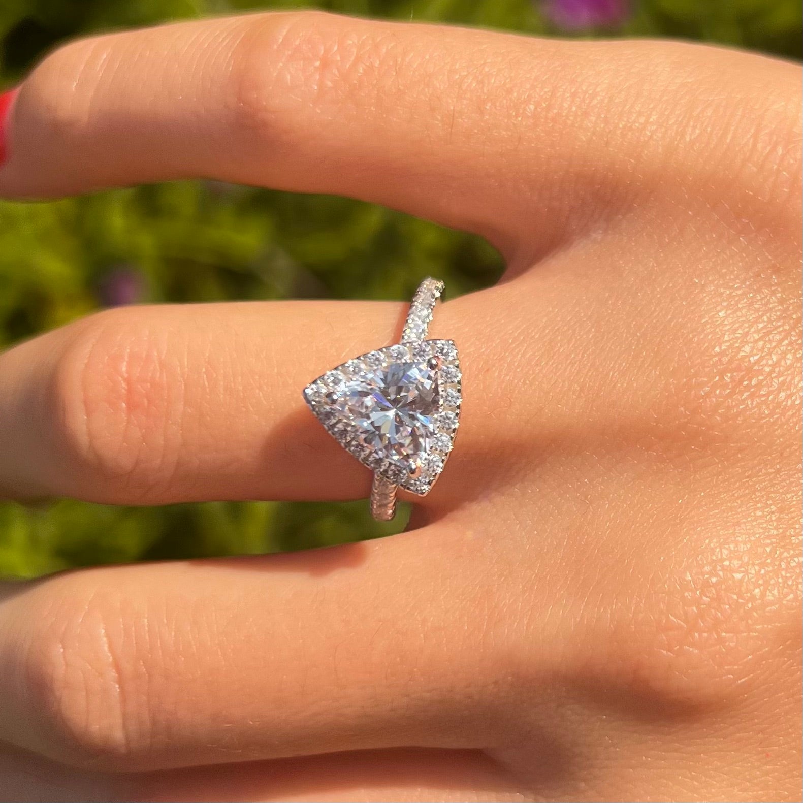 2 Pcs Triangle Halo Sterling Silver Bridal Set With Blue Band