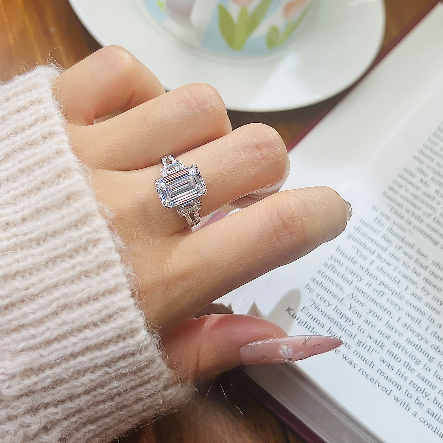 Emerald-Cut Three-Stone Engagement Ring in 925 Sterling Silver