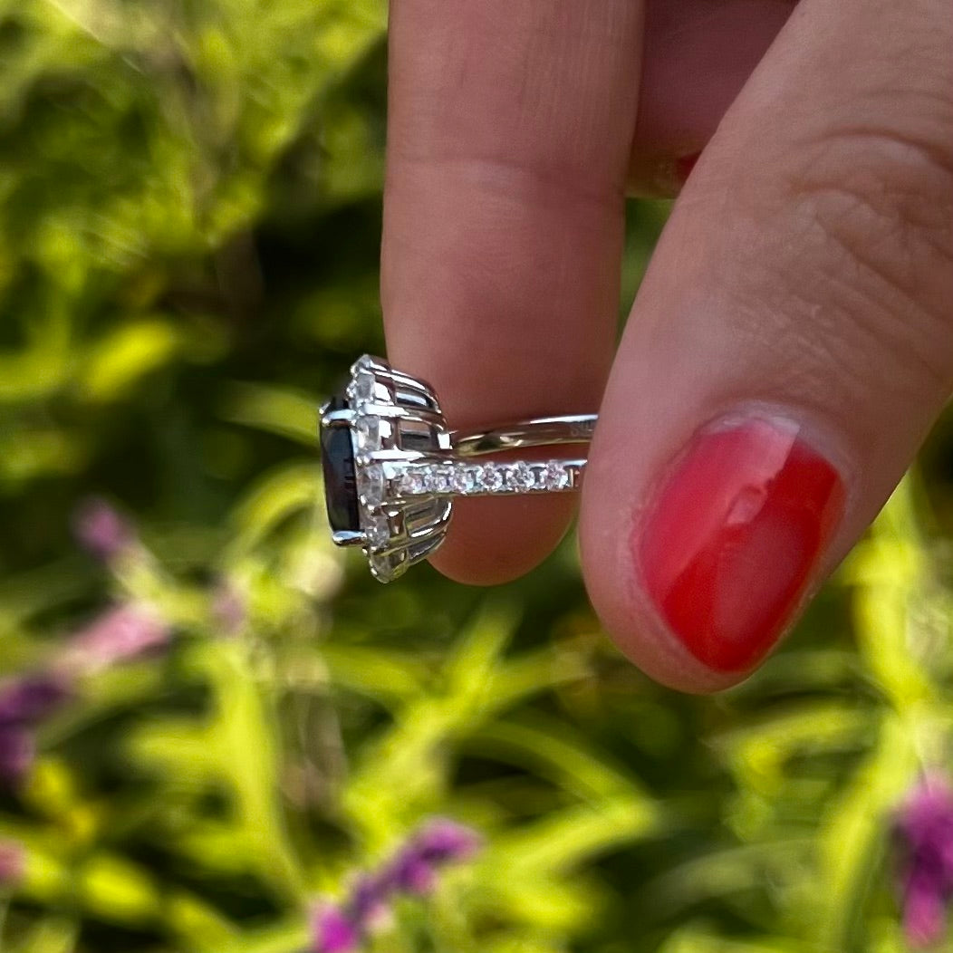 Vintage Oval Cut Halo Design Engagement Ring in Sterling Silver