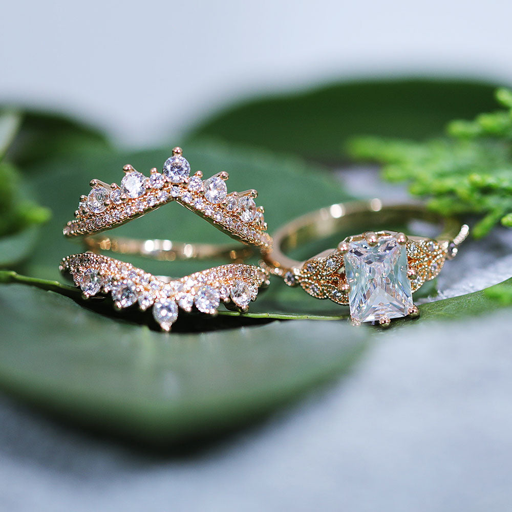 Elegant 2 Pcs Radiant Cut Enhancer Rose Golden Tone Wedding Bridal Set