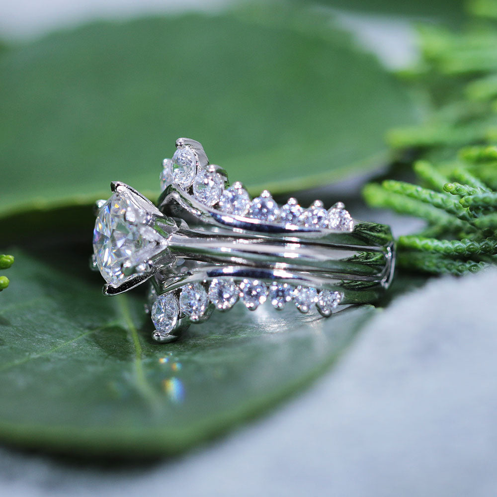 Classic Round Cut Enhancer Wedding Bridal Set In Sterling Silver