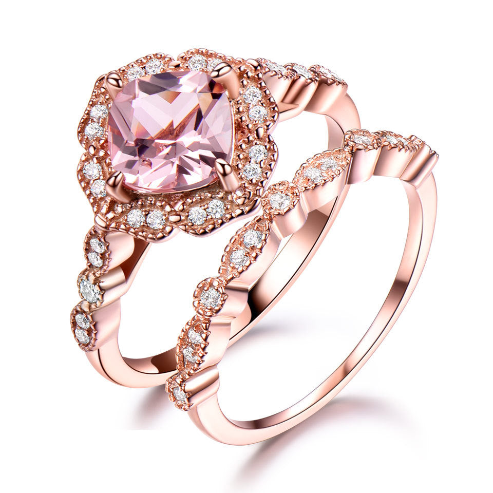 Vintage Pink Morganite Rose Gold Tone Ring Set