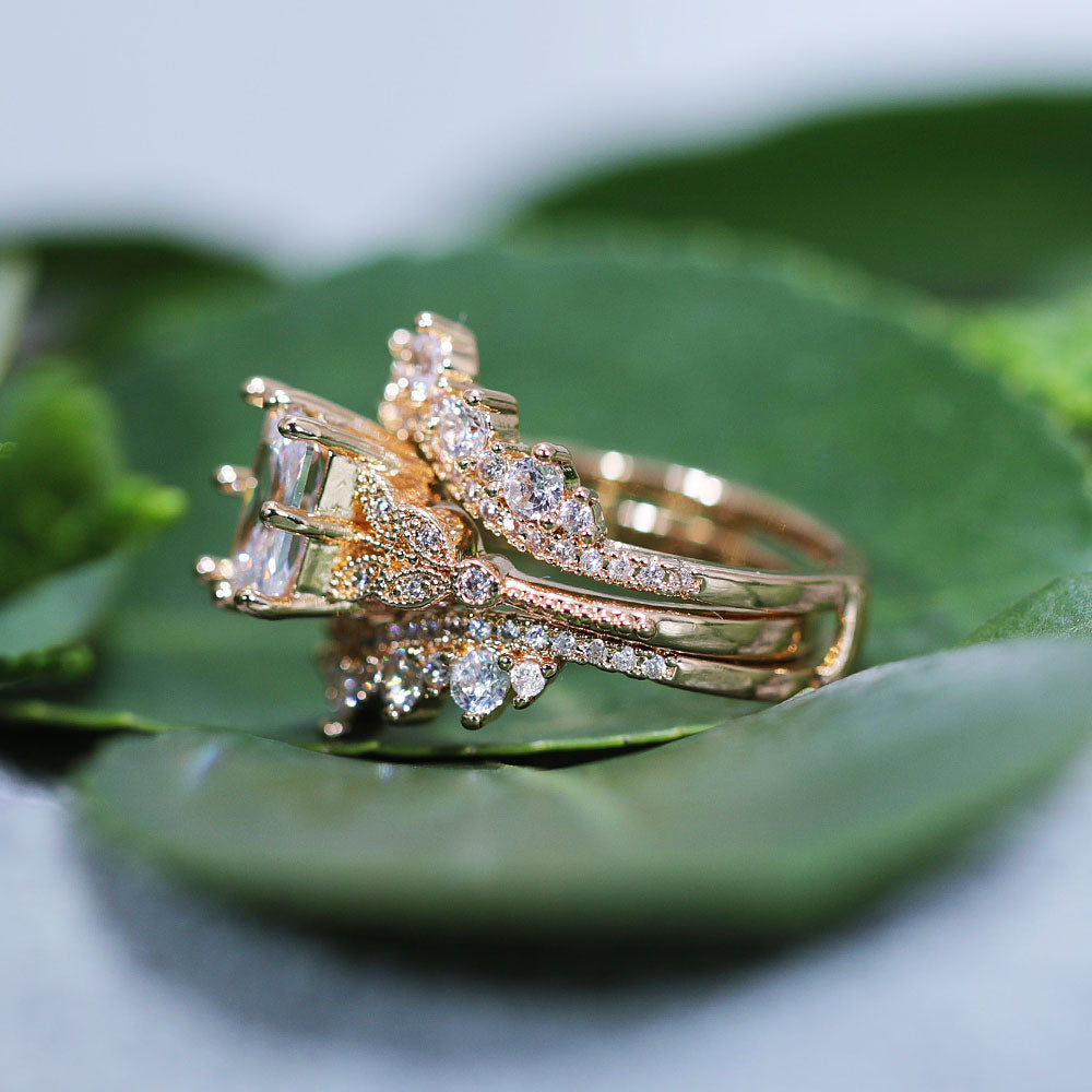 Elegant 2 Pcs Radiant Cut Enhancer Rose Golden Tone Wedding Bridal Set