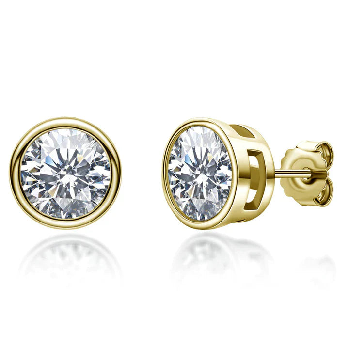 Moissanite Round Cut Bezel Stud Earrings In Sterling Silver