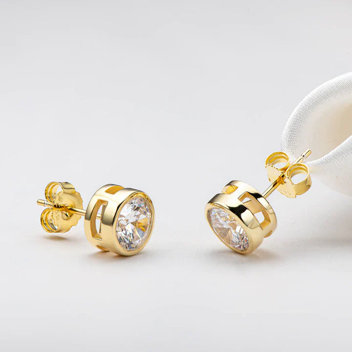 Moissanite Round Cut Bezel Stud Earrings In Sterling Silver