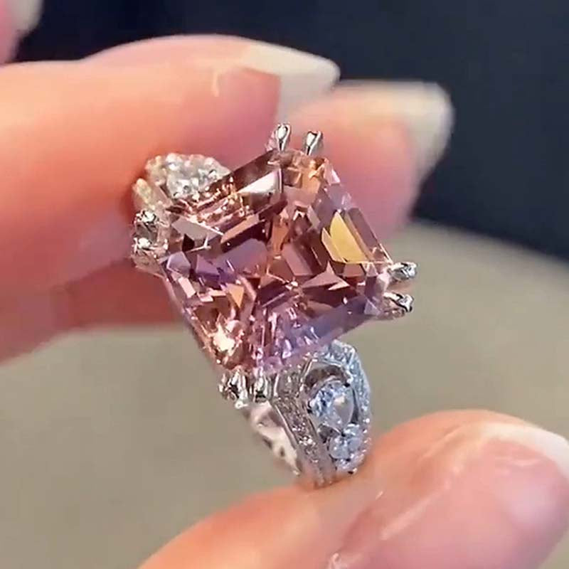Vintage Morganite Pink Asscher Cut Sterling Silver Engagement Ring