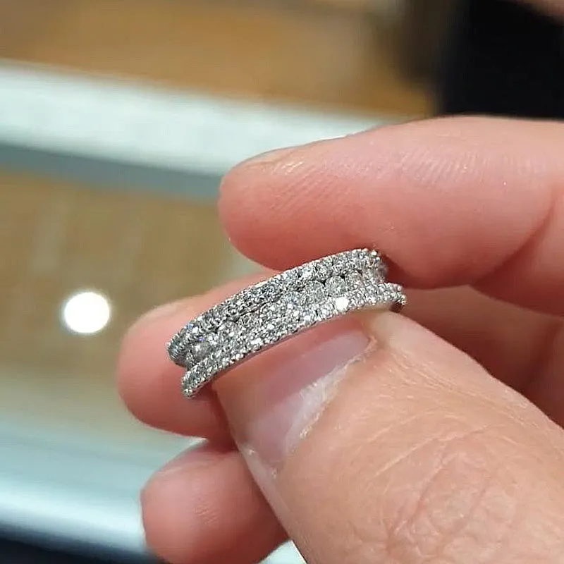 Stunning 3 Row Design Round Cut Sterling Silver Wedding Band