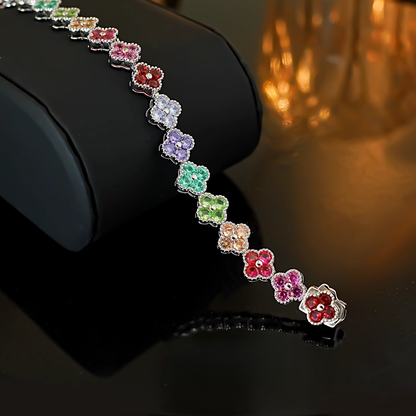 Clovers Design Multicolor Gemstone Bracelet in Sterling Silver