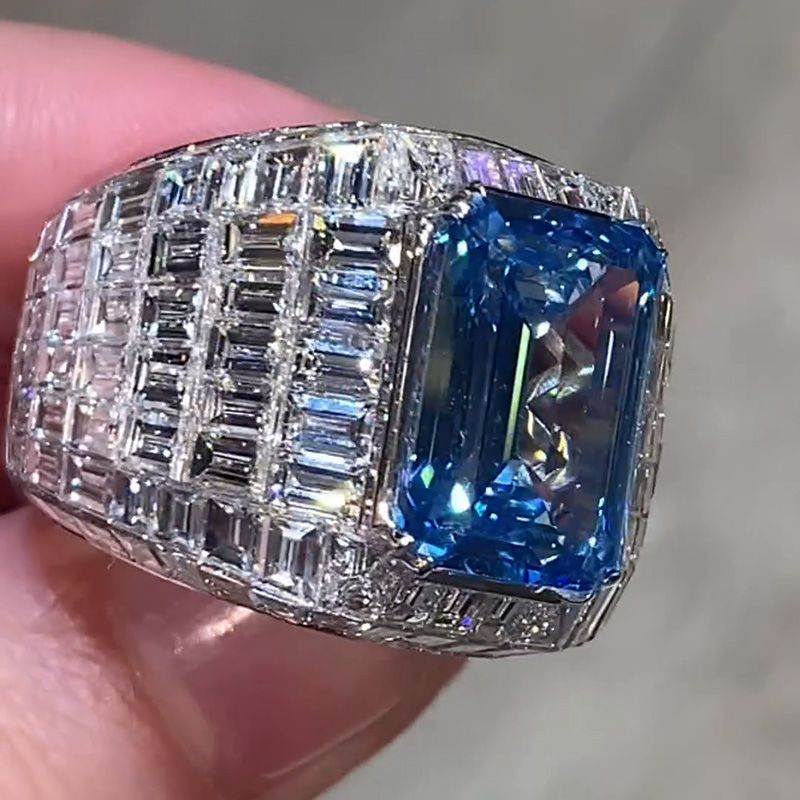 Blue Sapphire Emerald Cut Luxury Men's Ring in Sterling Silver