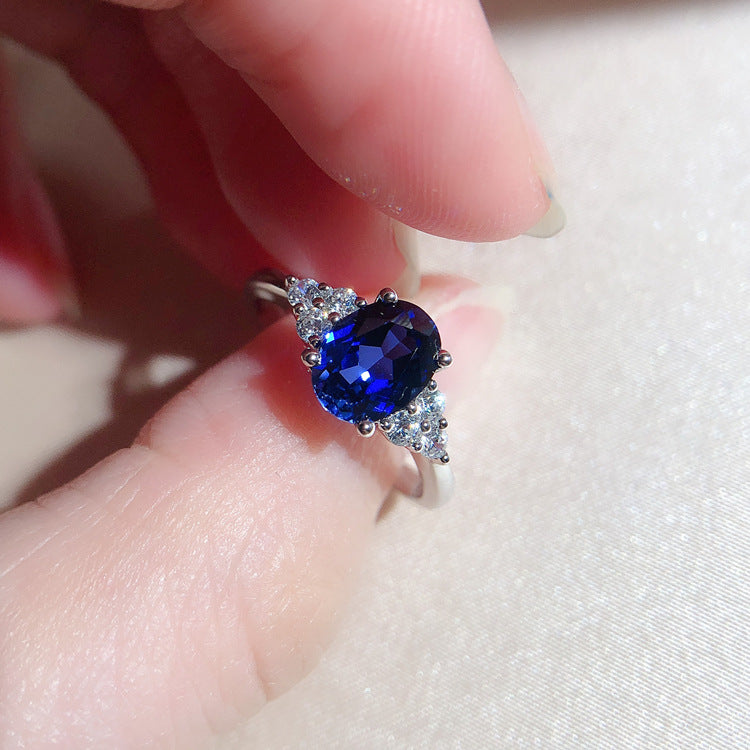 Blue Oval Cut Sterling Silver Ring