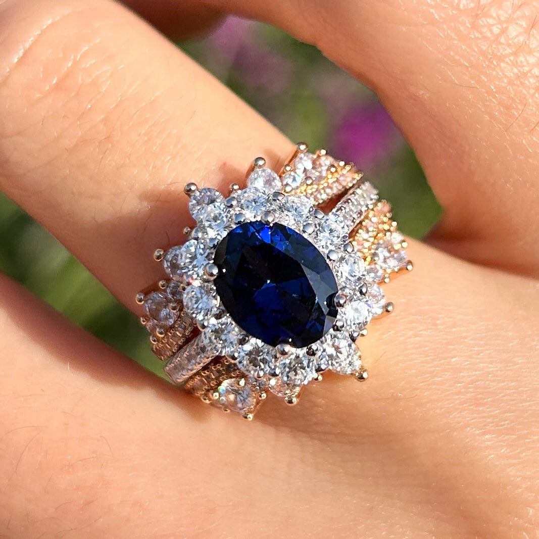 Vintage 2Pcs Blue Oval Cut Halo Sterling Silver Bridal Set