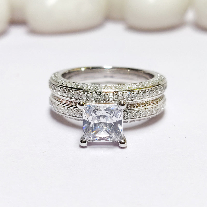 2pcs Triple Row Princess Cut Sterling Silver Bridal Set For Women