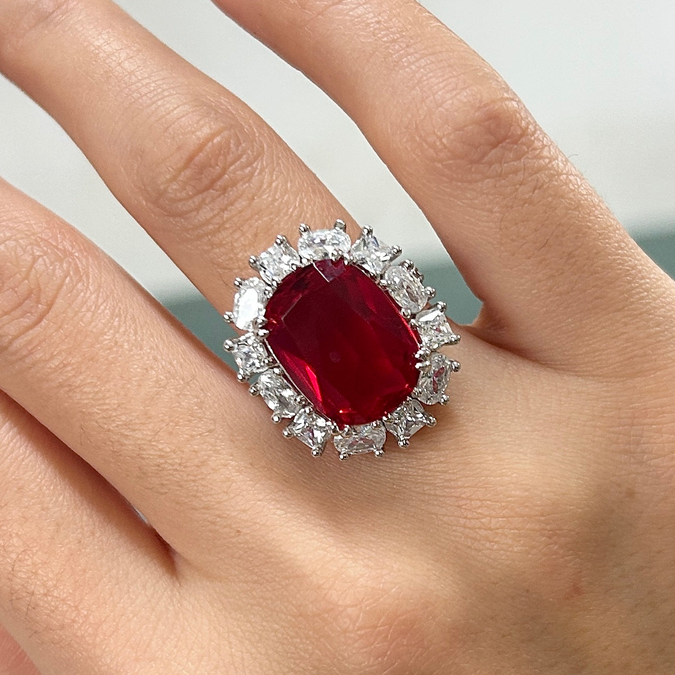 Size 5.5 | Sparkling Halo Ruby Cushion Cut Party & Engagement Ring