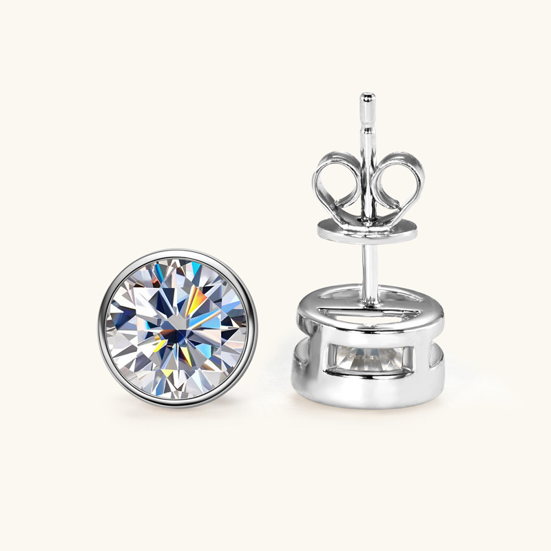 Moissanite Round Cut Bezel Stud Earrings In Sterling Silver