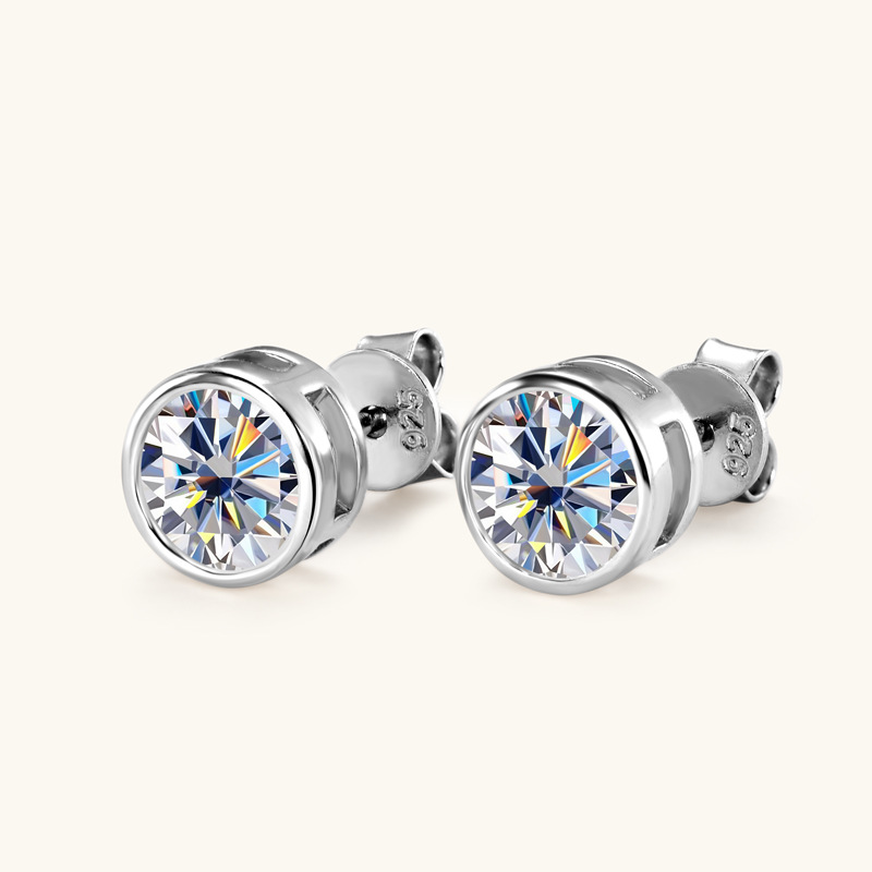 Moissanite Round Cut Bezel Stud Earrings In Sterling Silver