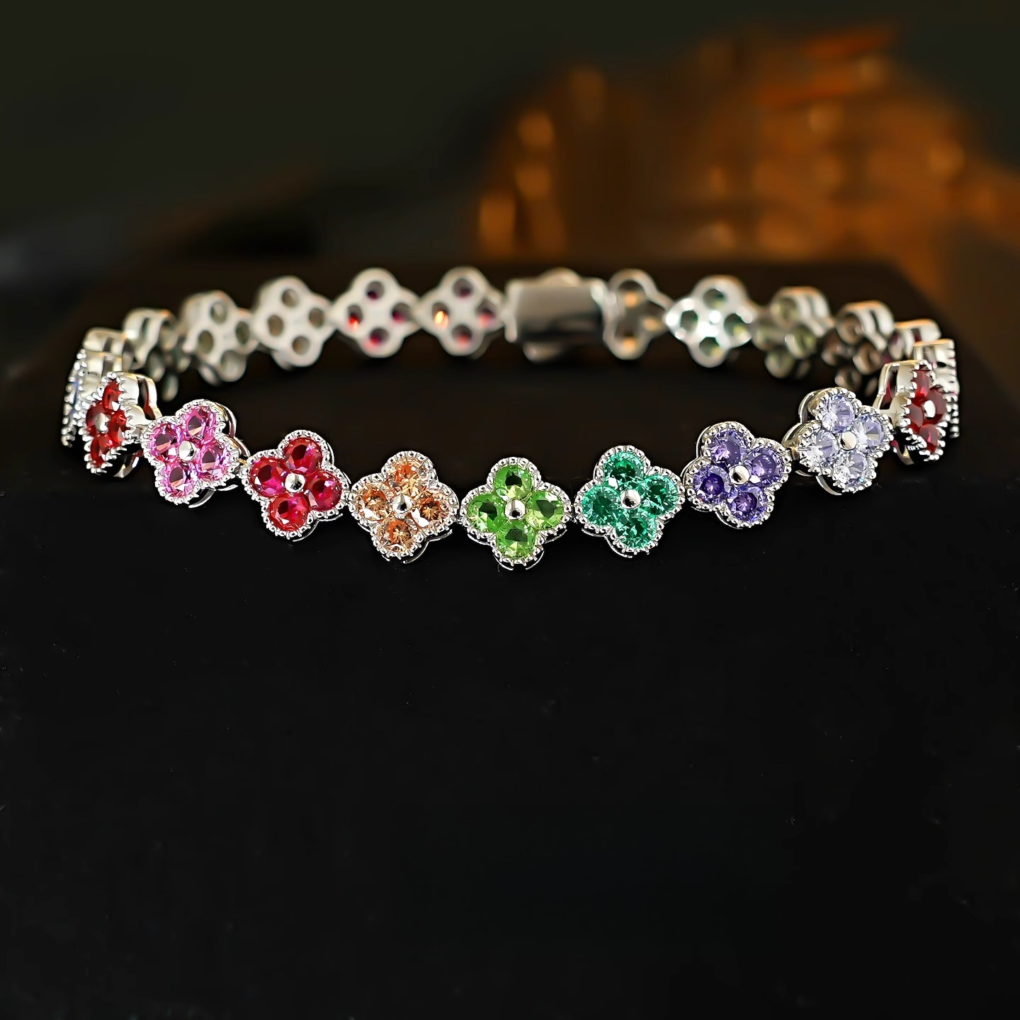 Clovers Design Multicolor Gemstone Bracelet in Sterling Silver