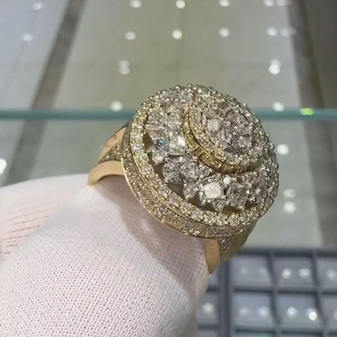 36ctw Oval Cut and Cushion Cut Sterling Silver Plated Yellow Gold Handmade Men's Ring