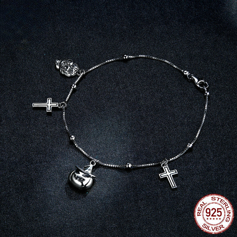 Halloween Skeleton Cross Pumpkin Sterling Silver Bracelet