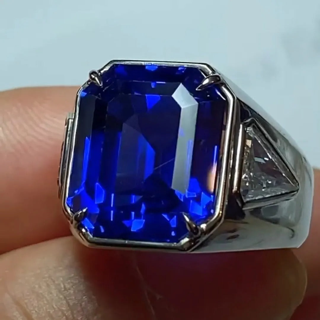 Handmade 10ct Cushion Cut Sapphire Sterling Silver Men's Ring