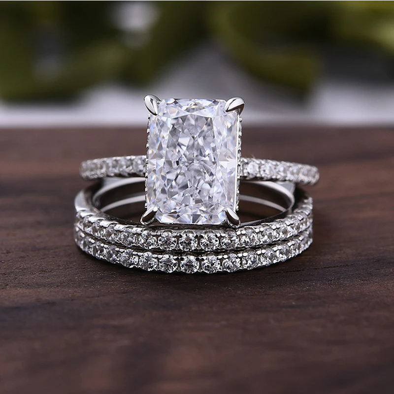 Radiant Cut Engagement Ring with Wedding Band Set in Silver