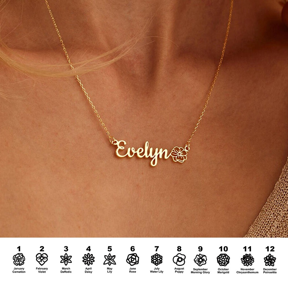 Personalize Name Necklace with Birth Flower in Stainless Steel