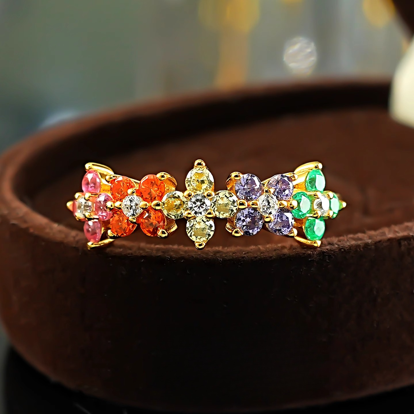 Colorful Golden Tone Flower Design Ring in Sterling Silver