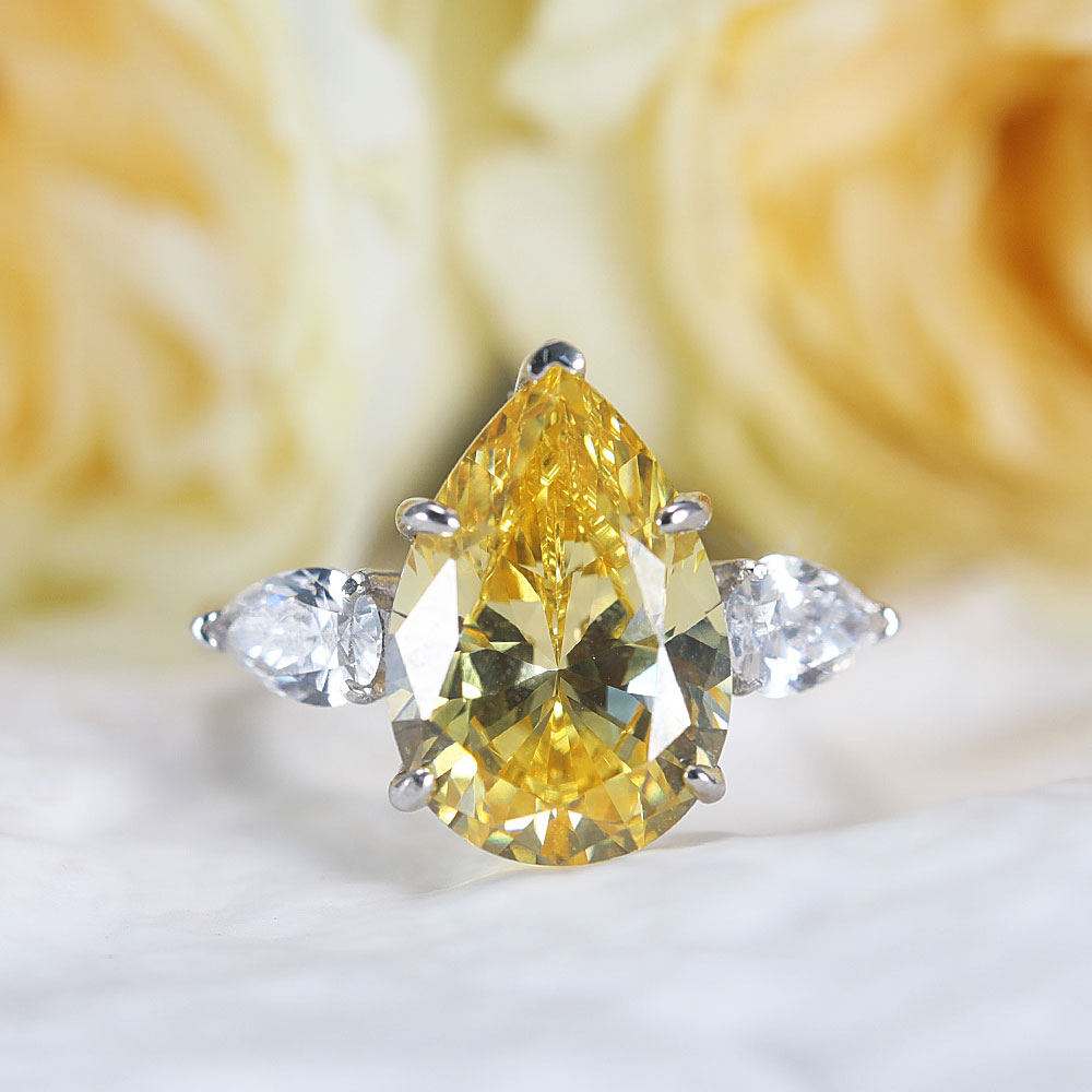 Classic Three Stone Yellow Pear Cut Sterling Silver Engagement Ring