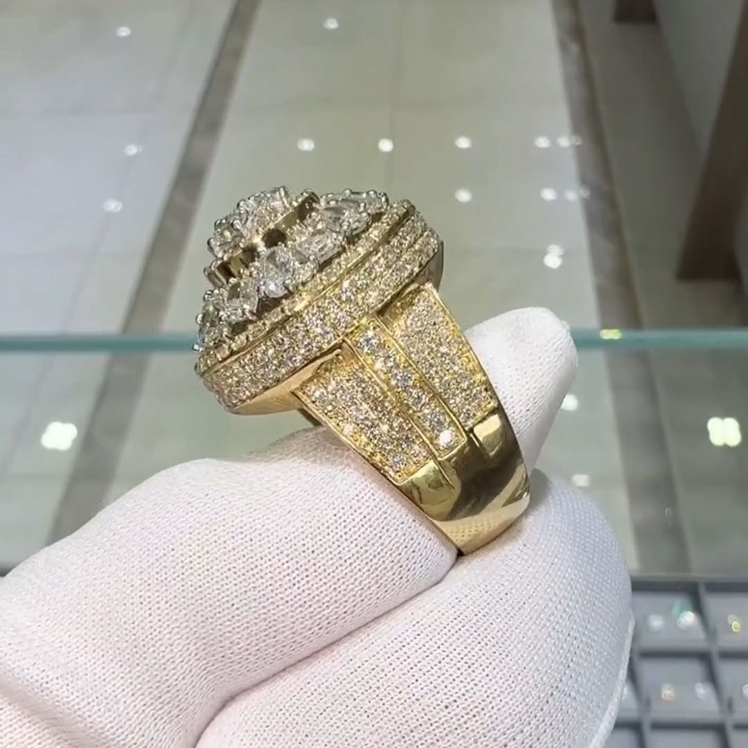 36ctw Oval Cut and Cushion Cut Sterling Silver Plated Yellow Gold Handmade Men's Ring