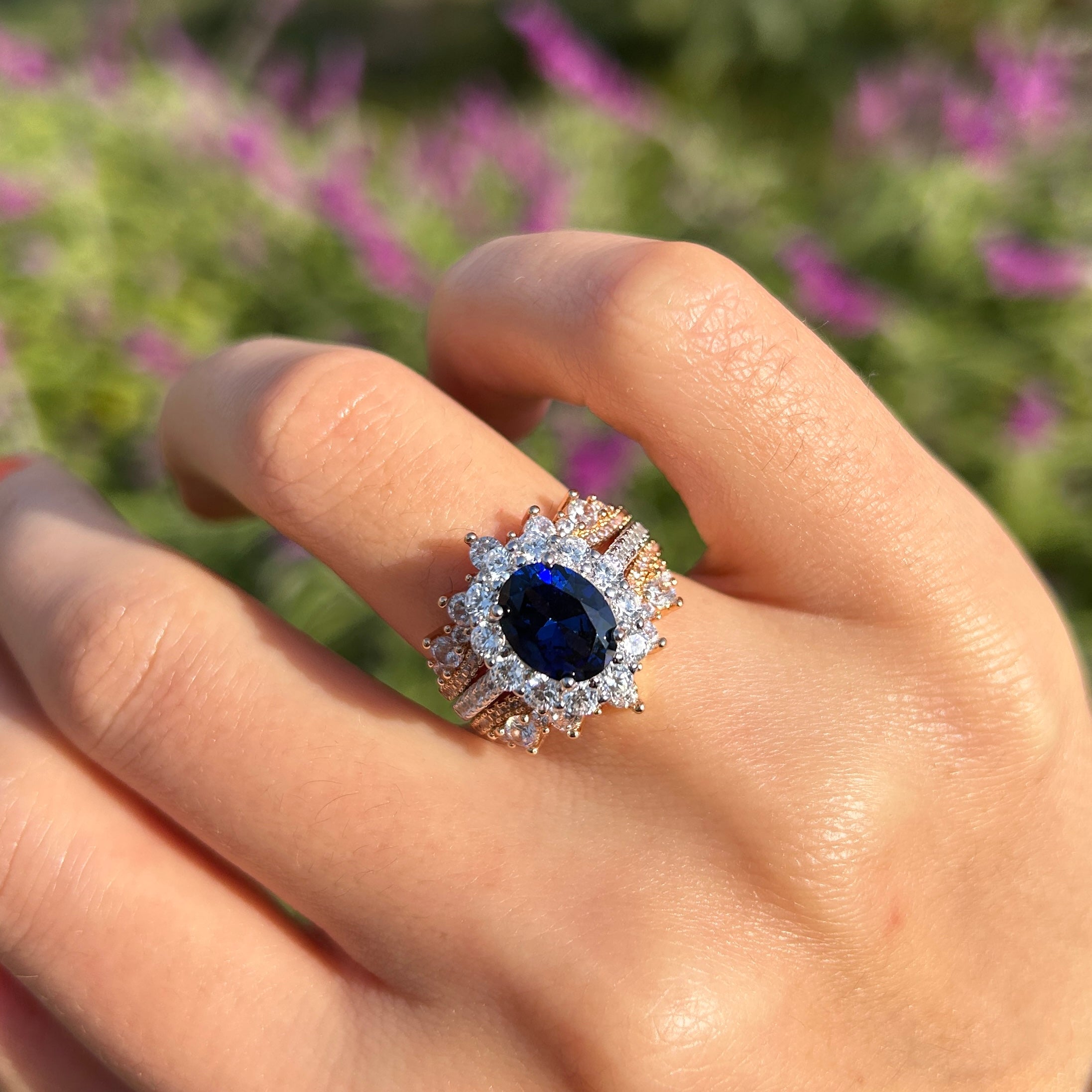 Vintage 2Pcs Blue Oval Cut Halo Sterling Silver Bridal Set