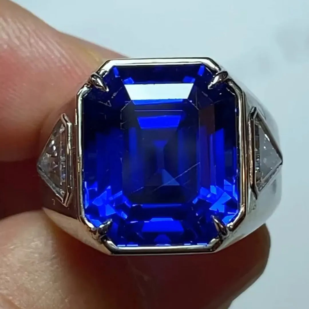 Handmade 10ct Cushion Cut Sapphire Sterling Silver Men's Ring