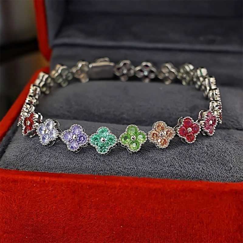 Clovers Design Multicolor Gemstone Bracelet in Sterling Silver