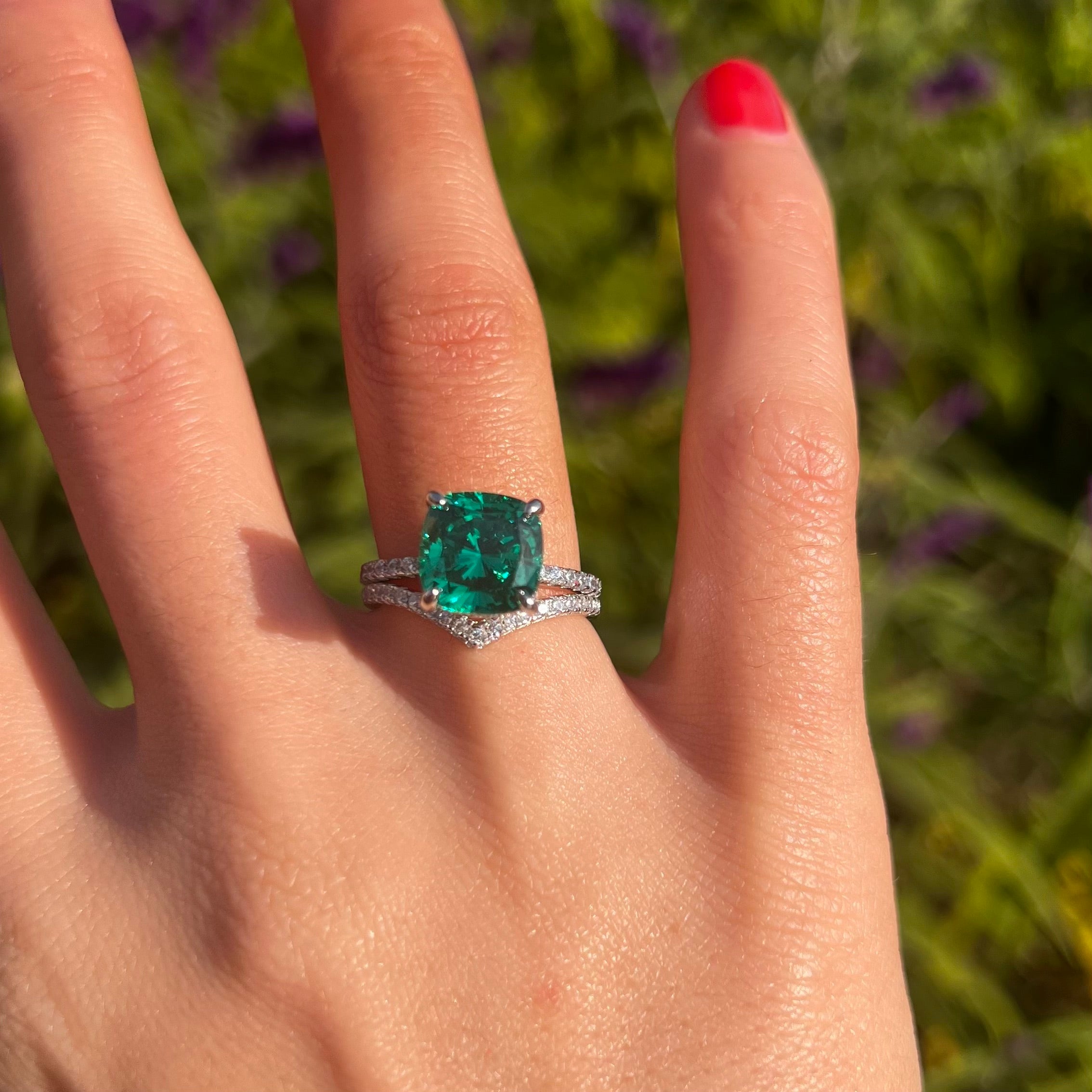 Vintage 2 Pcs Green Cushion Cut Hidden Halo Bridal Sets In Sterling Silver