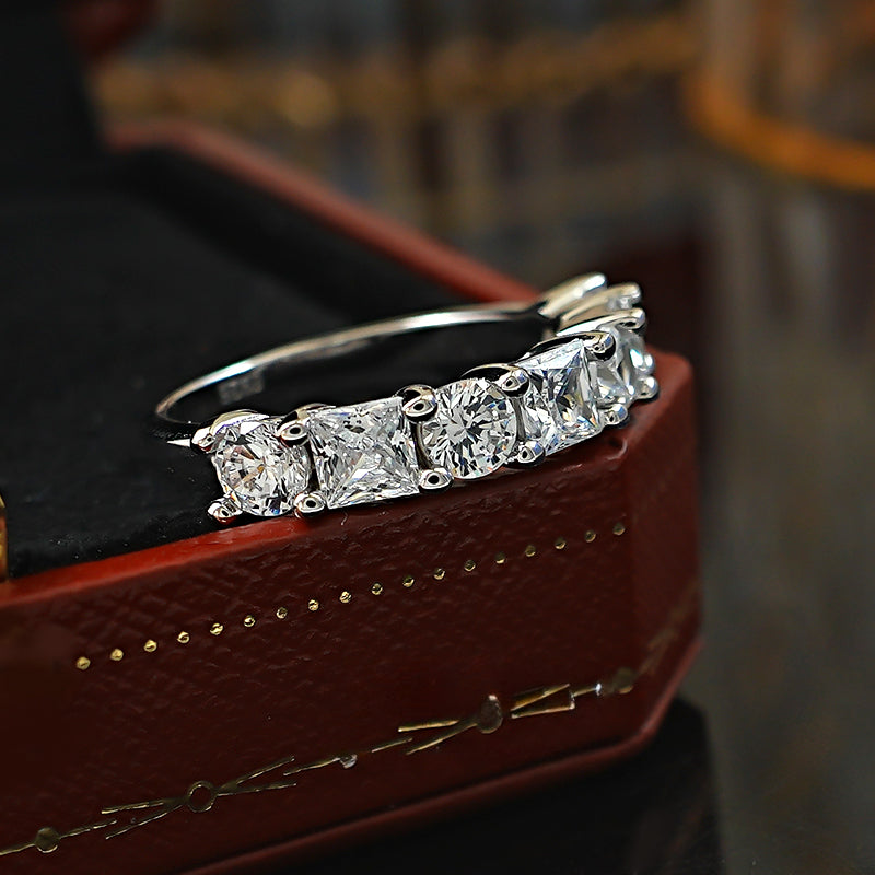 Princess Round Cut Half Eternity Sterling Silver Band