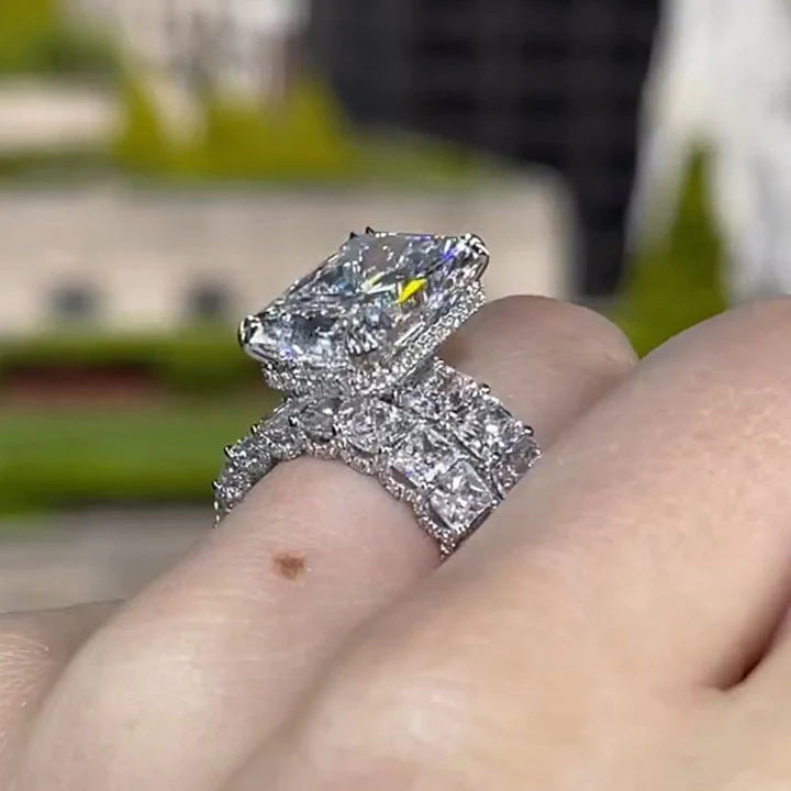 2Pcs Hidden Halo Radiant Cut Sterling Silver Bridal Set Rings