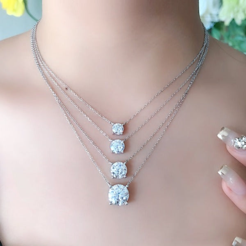 Moissanite Classic 4 Prong Round Cut Sterling Silver Pendant Necklace