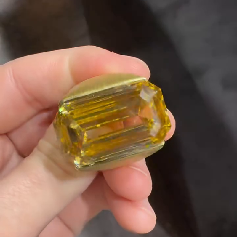 Handmade 25ct Emerald Cut Yellow Sapphire Yellow Gold Sand-Blasted Men's Ring