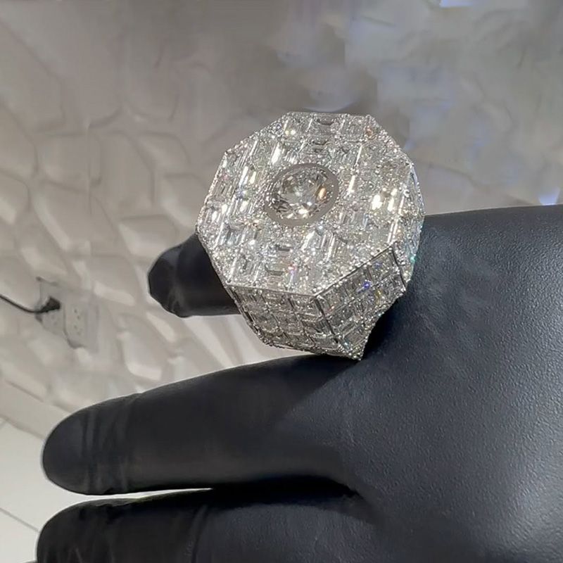 Luxury Handmade 3ct Round Cut Center Stone With Emerald Cut Side Stones White Sapphire Men's Ring