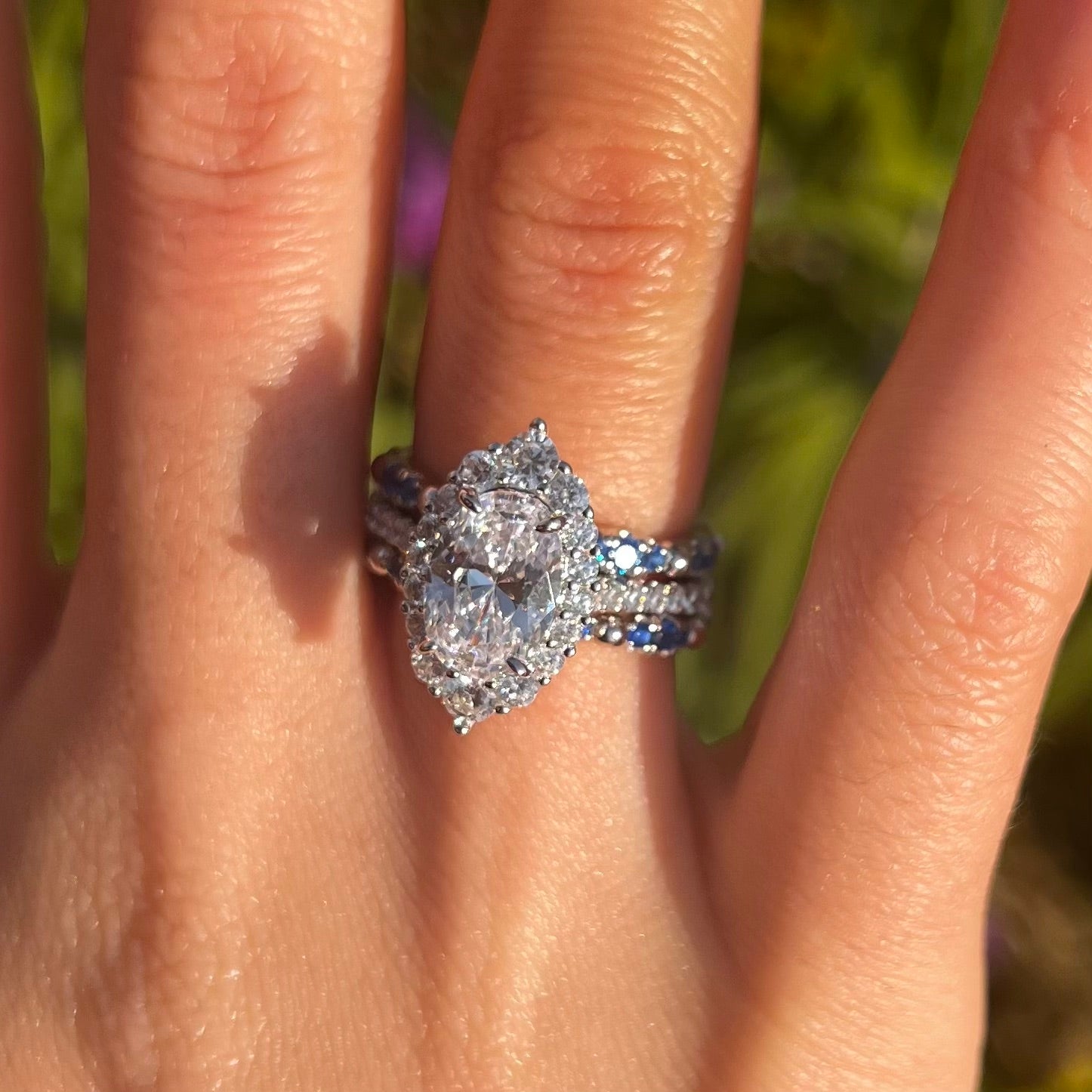 Exquisite 3 Pcs Oval Cut Halo Sterling Silver Bridal Set