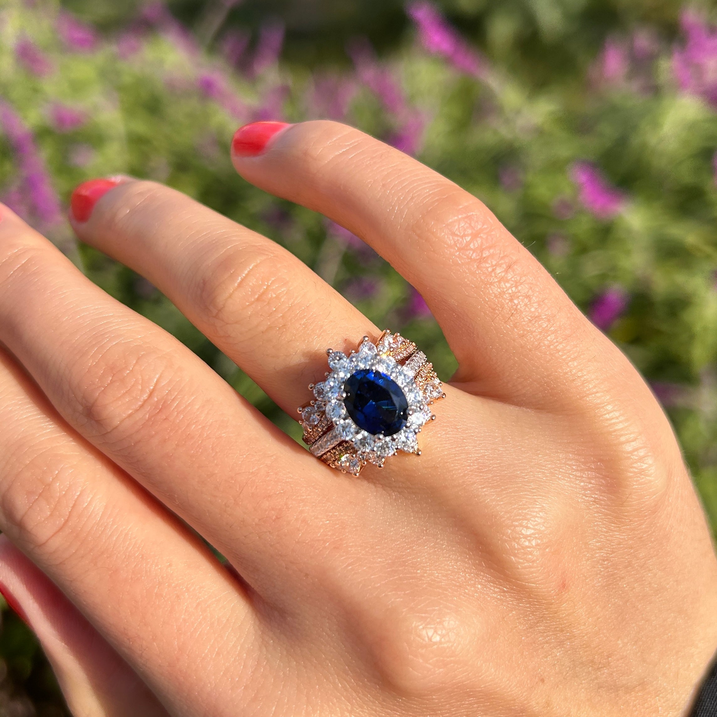 Vintage 2Pcs Blue Oval Cut Halo Sterling Silver Bridal Set