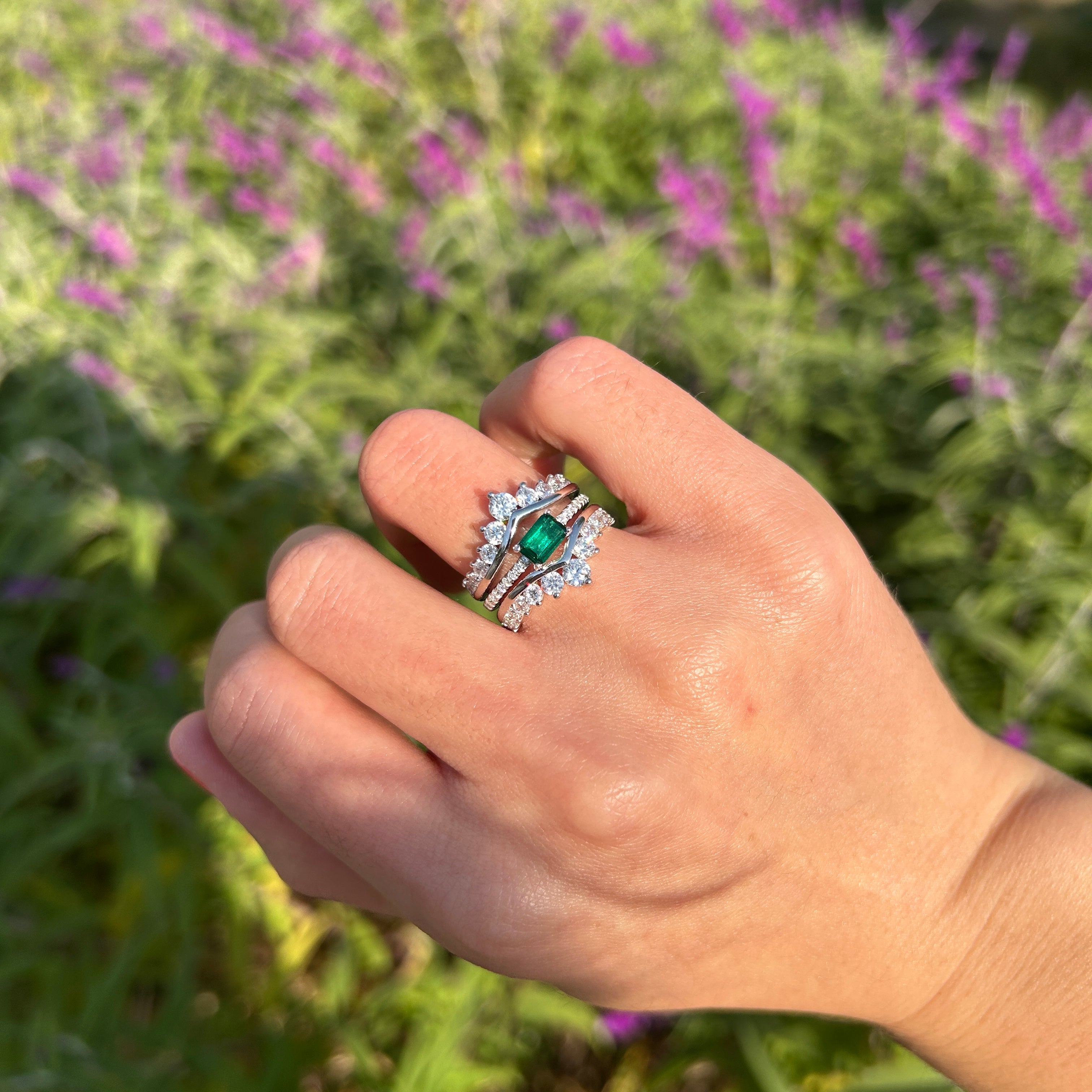 2 Pcs Green Emerald Cut Insert Bridal Sets In Sterling Silver