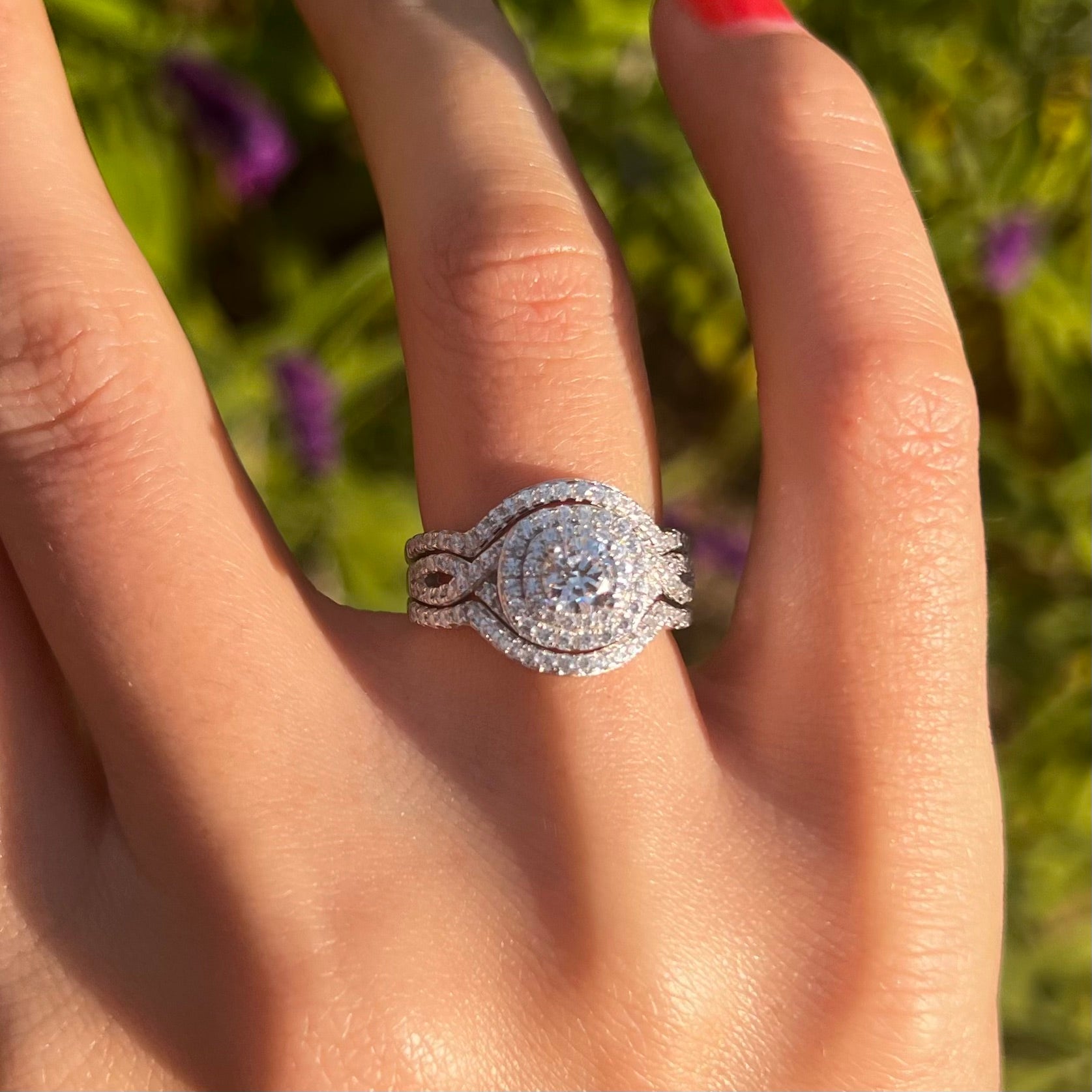 Gorgeous 3 Pcs Round Cut Halo Sterling Silver Bridal Set