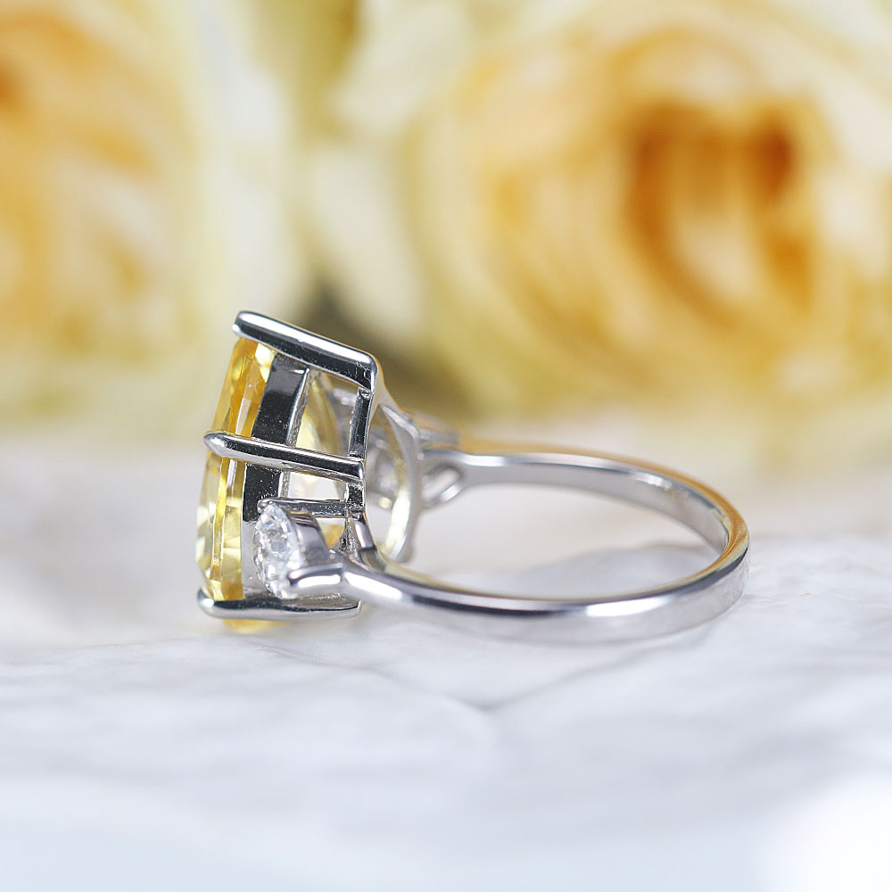 Classic Three Stone Yellow Pear Cut Sterling Silver Engagement Ring