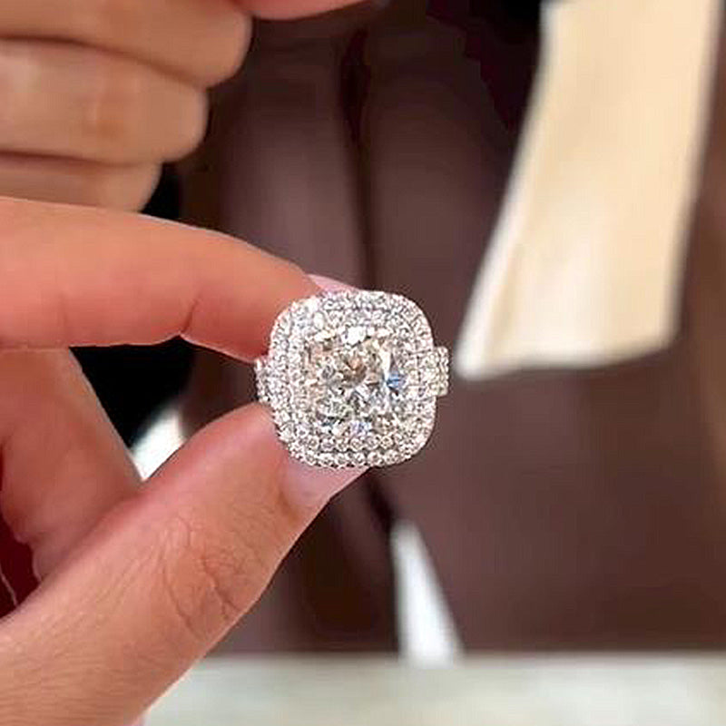 Double Halo Three Shank Cushion Cut Diamond Engagement Ring  display picture 1