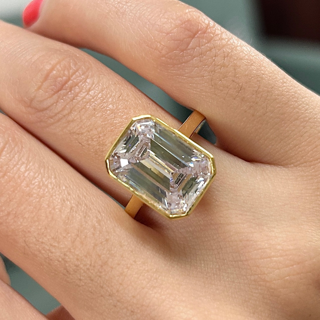 Size 10.5 | Elegant Emerald Cut Sterling Silver Bezel Engagement Ring In Golden Tone