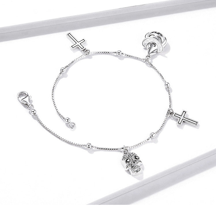 Halloween Skeleton Cross Pumpkin Sterling Silver Bracelet
