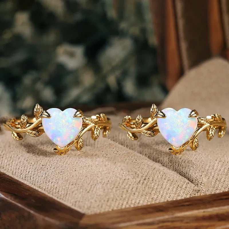 Retro Leaves Design Heart Shape Opal Ring