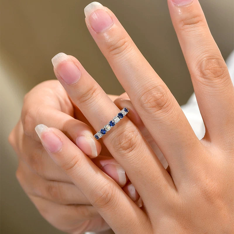Blue Sapphire & White Alternating Half Eternity Sterling Silver Wedding Band