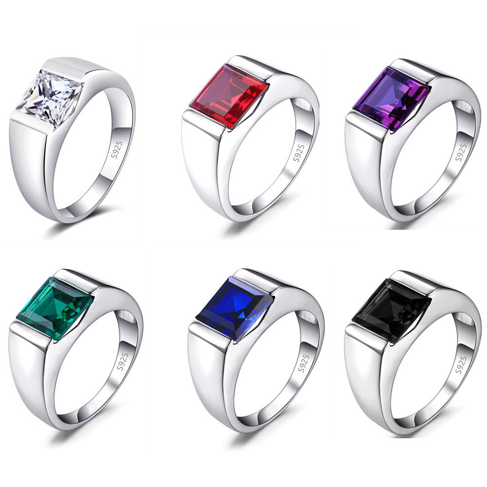 Men’s Sterling Silver Wedding Band with Colored Center Stone – Sizes 8–12.5